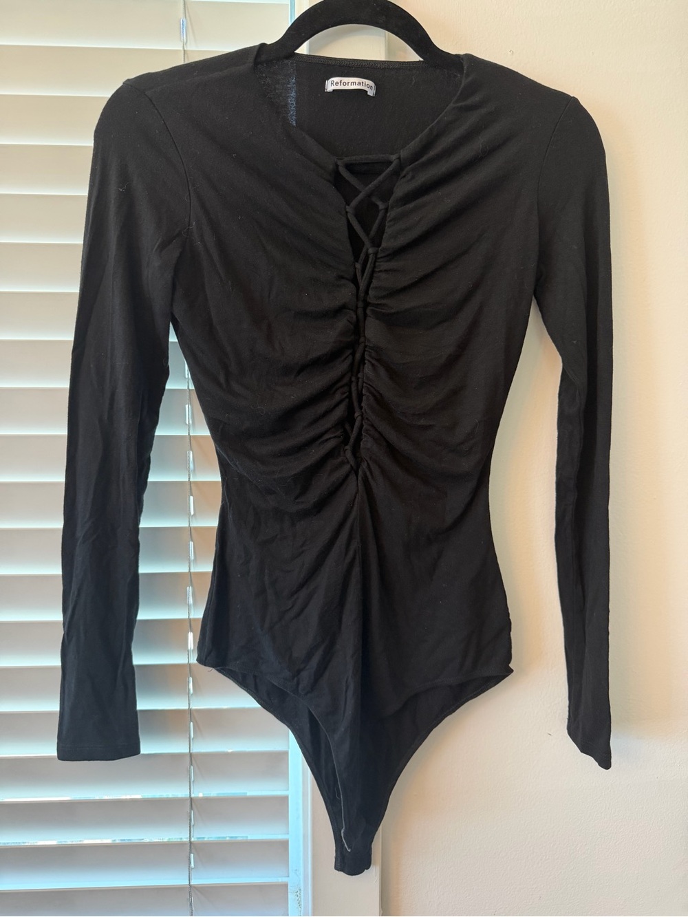 Reformation Black Stretch Bodysuit with Lace-Up Detail